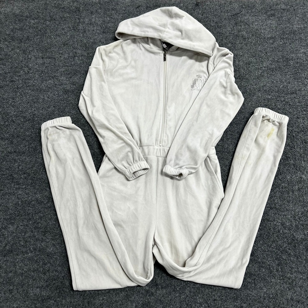Juicy Couture Jumpsuit Womens Size S Cream Velour Full Zip Hooded Glitter Logo